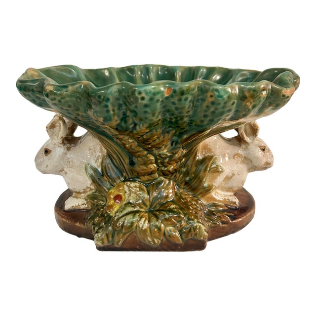 Late 20th Century Majolica Style Bunny Rabbit Compote From Three Hands Corp For Sale