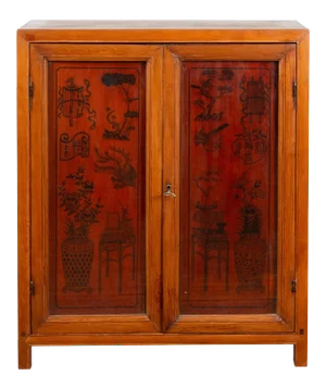 Chinese Early 20th Century Cabinet with Ink-Decorated Panels under Glass