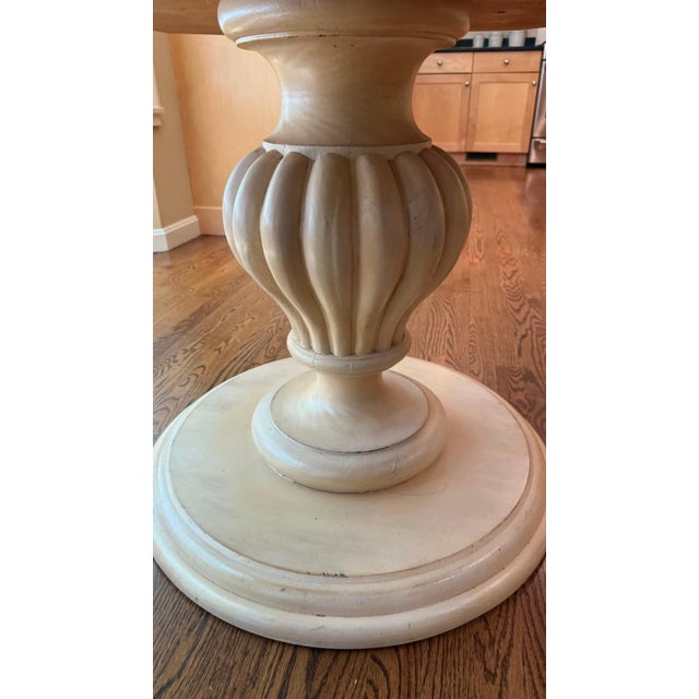 2010s Two-Tone Round Pedestal Dining Table With Carved Apron and 22” Leaf For Sale - Image 5 of 7