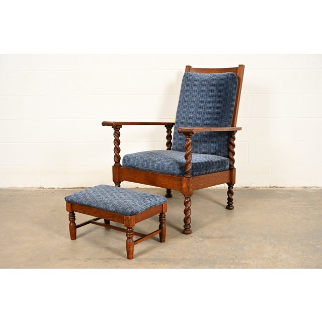 Stickley Brothers Antique Arts & Crafts Carved Oak Barley Twist Lounge Chair With Ottoman, Circa 1920s For Sale - Image 17 of 17