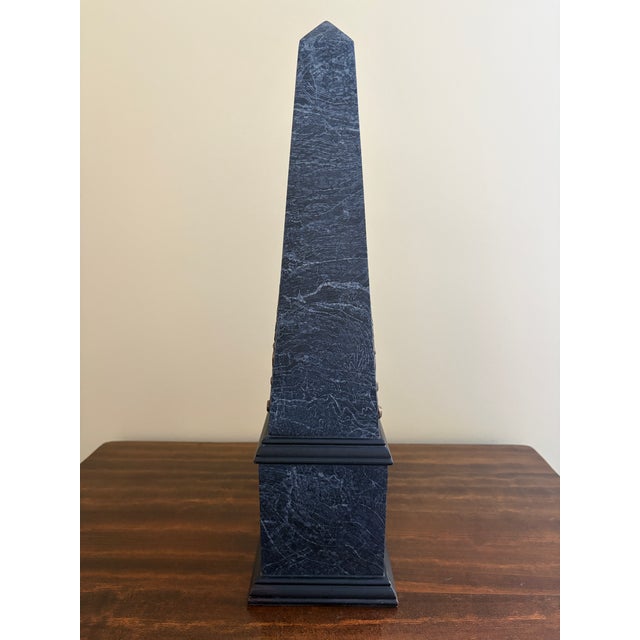 Metal Neoclassical Faux Marble Obelisk With Brass Mounts For Sale - Image 7 of 11