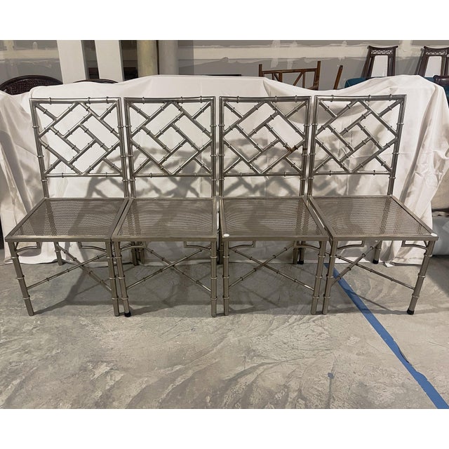Set of 4 Mid 20th Century Silver Metal Faux Chippendale Bamboo Chairs For Sale - Image 11 of 11