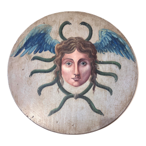 Antique Allegorical Hand-Painted Oil on Wood Baroque Wall Hanging Plaque of Winged Medusa