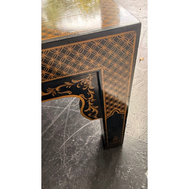 1980s Drexel Heritage Chinoiserie Parsons Coffee Table, Lacquered With Gilt Asian Motif Inlay For Sale In Miami - Image 6 of 11