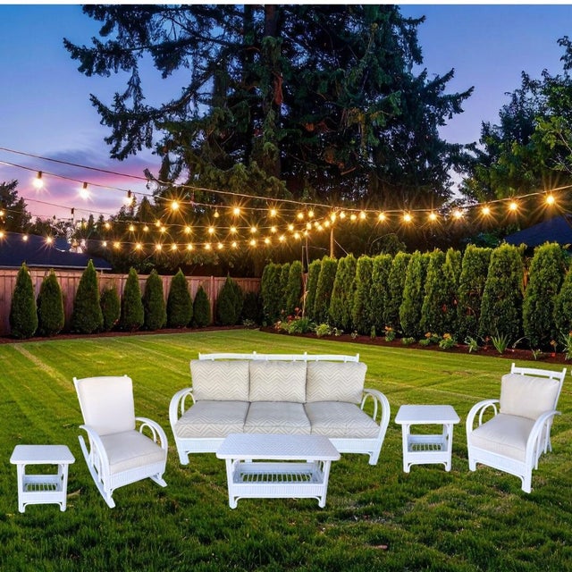 Mid-Century Modern McGuire Style Vintage Rattan Six Piece Patio Set Sofa, Chair, Rocker, Coffee Table, Two Side Tables in Excellent Condition For Sale - Image 3 of 12