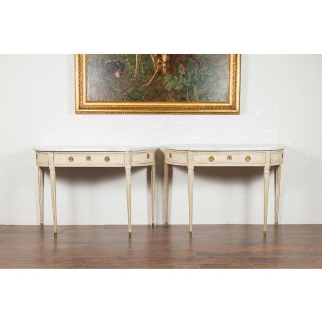 Pair of French 19th Century Neoclassical Style Demilune Tables with Marble Tops For Sale In Atlanta - Image 6 of 12