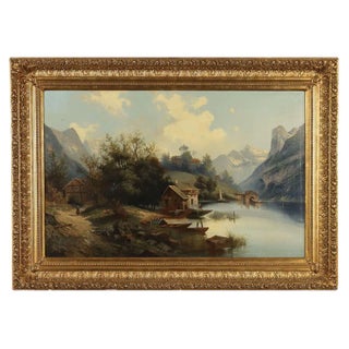 Central European School Artist, Landscape with House on the Lake, Oil on Canvas, Framed For Sale