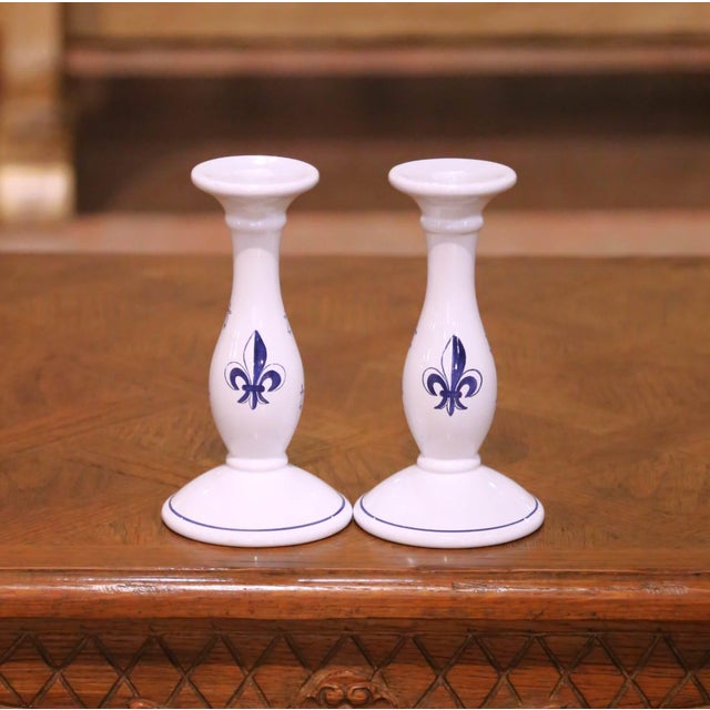 French Faience Candlesticks, Hand-Crafted, Fleur-De-Lys Design, 1980 For Sale - Image 4 of 13