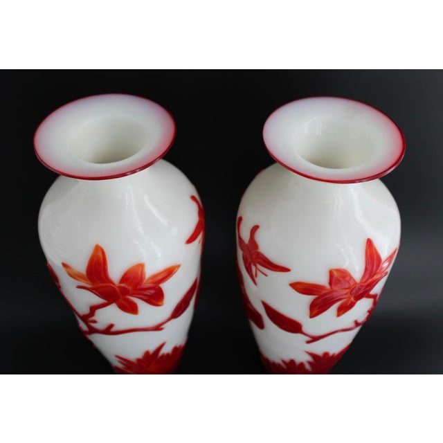 Antique Pair of Chinese Peking Glass Vases W/ Birds & Lotus Flowers, C1900, 10” For Sale - Image 4 of 14