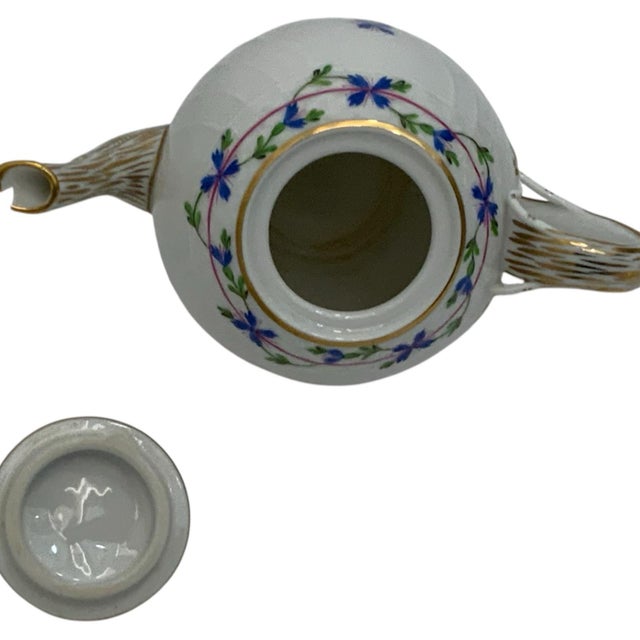 1980s Vintage Herend Blue Garland PBG Model 1605 Small Porcelain Teapot Rose Finial Spout Chip Hungary C. 1980s For Sale - Image 5 of 9