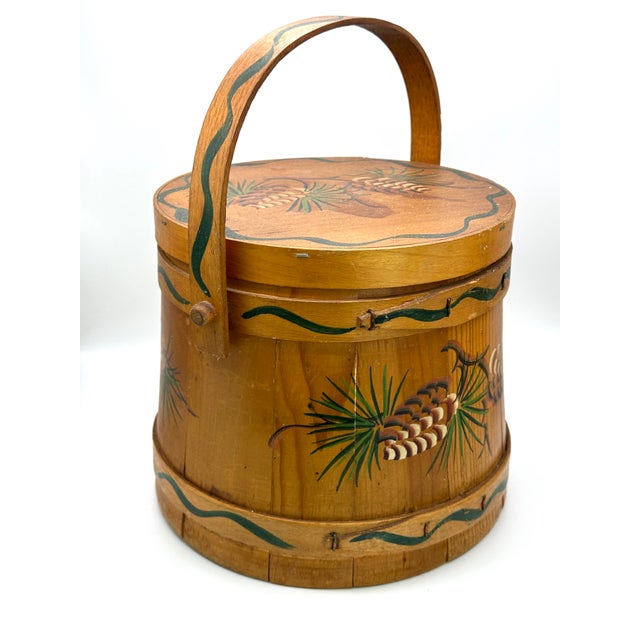 Wood Vintage Firkin Sugar Bucket Hand-Painted Pinecones For Sale - Image 7 of 7