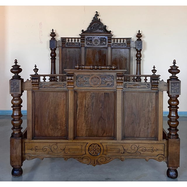 Antique French Louis XVI Style Full Size Rosewood Carved Bed Frame Baroque For Sale - Image 4 of 12