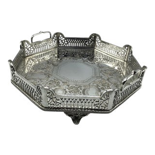 Vintage Victorian Style Footed Silver Plated Gallery Tray With Handles For Sale