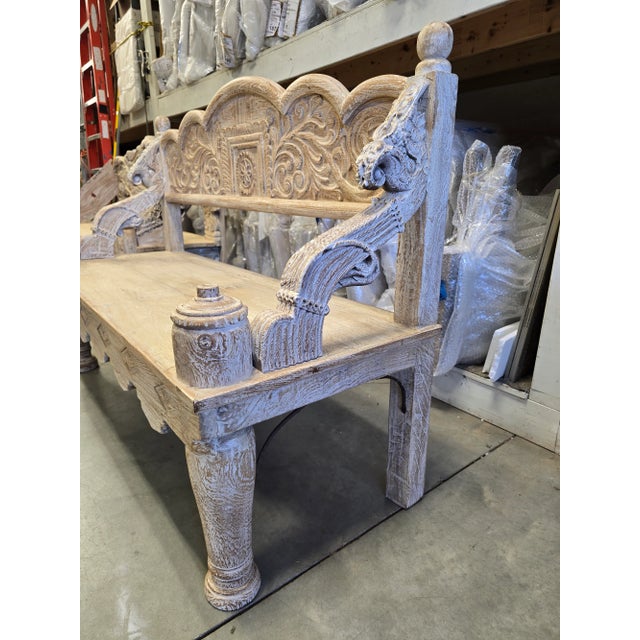 Reclaimed Whitewashed Wood Bench With Floral Carving Design For Sale - Image 4 of 11