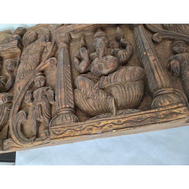 Hindu Hand-Carved Wooden Ganesha Wall Hanging Panel Sculpture, 1950s For Sale - Image 9 of 10
