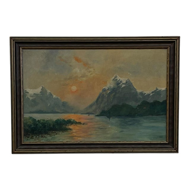 Vintage Framed Mountain Landscape Painting, Snow-Capped Peaks at Sunset, Mid-Century Scenic Wall Art. For Sale