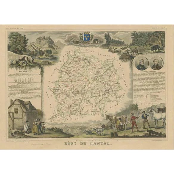 Antique Map of the Department of Cantal For Sale