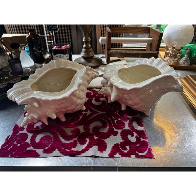 Pair of Large White Ceramic Shell Style Planters For Sale - Image 4 of 10
