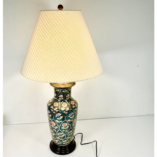 Mid 20th Century Chinoiserie Boho Chic Hollywood Regency Ceramic Flora Botanical Table Lamp, Textile Shade For Sale - Image 13 of 18