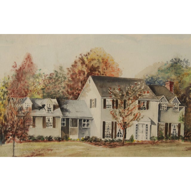 Vintage 20th C. New England House in Autumn Original Watercolor, Signed For Sale - Image 4 of 13
