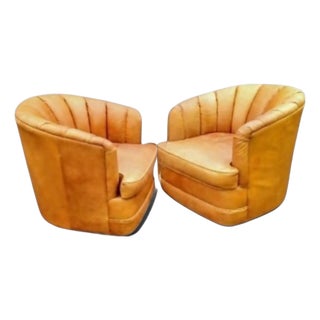 Pair of Swivel Barrel Full Grain Leather Chairs by Expressions Furniture For Sale