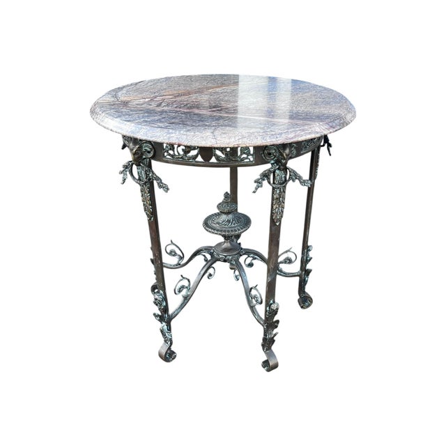 Late 20th Century Antique French Louis XIV Style Bronze & Marble Round End Table For Sale - Image 5 of 8
