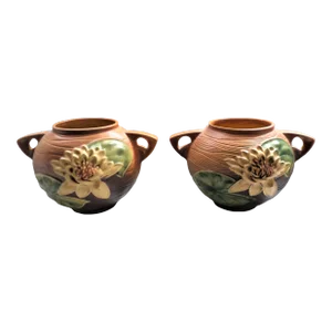 1930s Roseville Brown Waterlily Double Handle Vases - a Pair