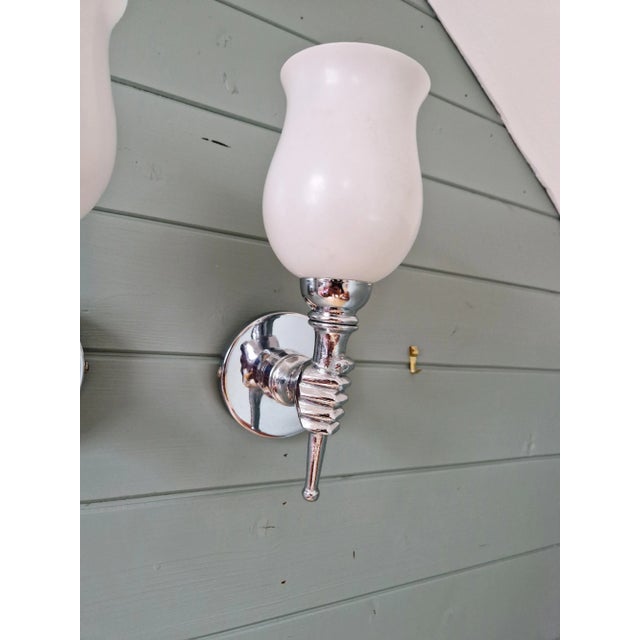Mid-Century Modern Wall Lights in Chromed Metal and White Satin Glass, 1960, Set of 2 For Sale - Image 3 of 10