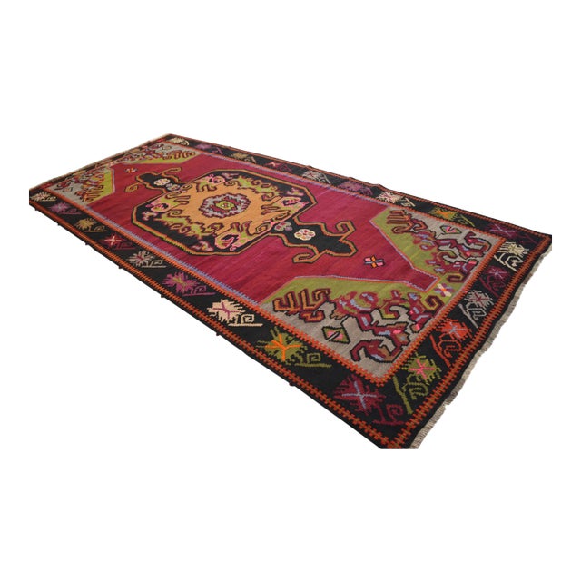 Vintage Turkish Rug Kilim Handwoven Large Runner Tribal Medallion - 6′2″ X 13′3″ For Sale