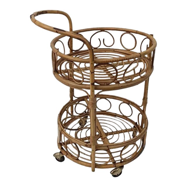 Mid-Century Rattan Bamboo Bar Cart Serving Trolley 1950s Italy For Sale