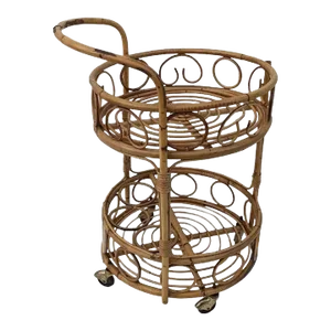 Mid-Century Rattan Bamboo Bar Cart Serving Trolley 1950s Italy