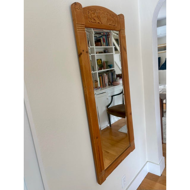 1970s tall rectangular Pine Wood mirror with carved details and bevelled mirror class is ready for hanging on your wall....