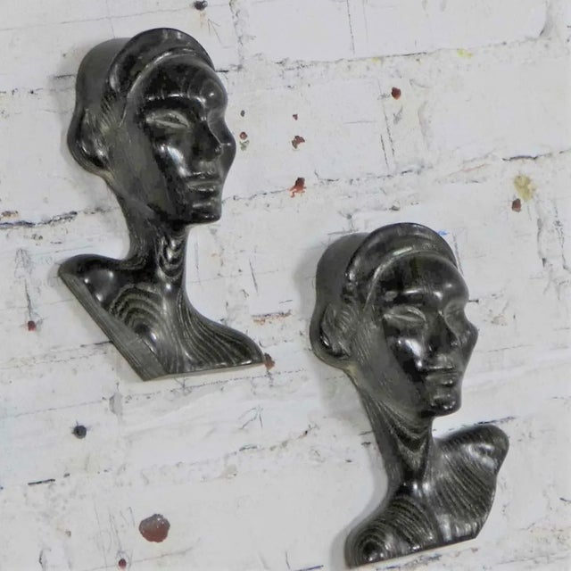 Mid-Century Modern MCM to Art Deco Style Ebonized Oak Carved Female Bust Vintage Wall Sculptures, a Pair For Sale - Image 3 of 13