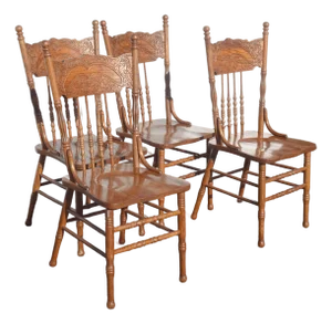 Chairs Pressed Back ~ Set Four Cane Vintage French Country Golden Oak Chairs #2