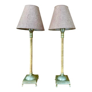 Pair of 1990s Woven Leather Buffet Lamps With Fabric Shades For Sale