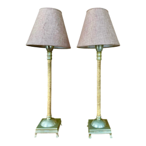 Pair of 1990s Woven Leather Buffet Lamps With Fabric Shades