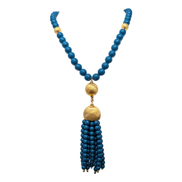 Vintage 1980s Signed Napier Goldtone Beaded Faux-Lapis Tassel Pendant Necklace For Sale