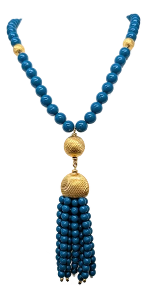 Vintage 1980s Signed Napier Goldtone Beaded Faux-Lapis Tassel Pendant Necklace