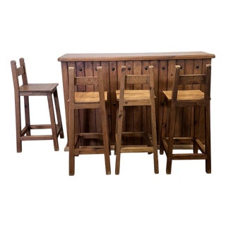 Rustic Wood Bar Counter with Stools, Set of 5 For Sale