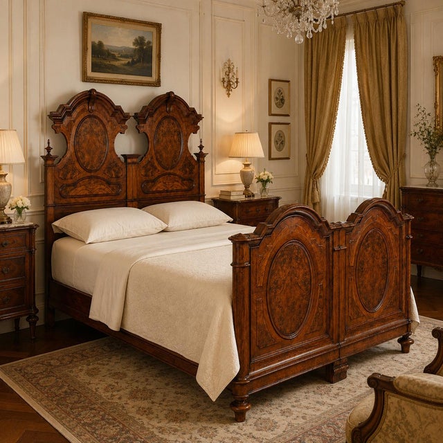 Antique Italian Double Bed in Walnut Burl, Bassano del Grappa, 1890s For Sale - Image 5 of 11