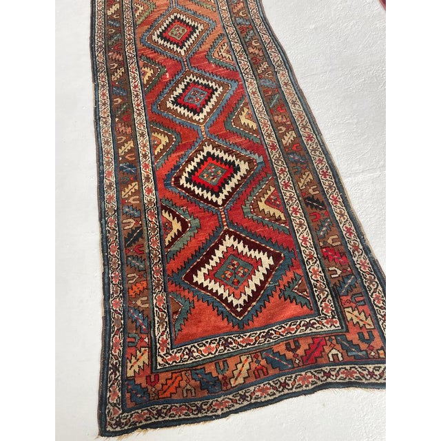 ANTIQUE SHAHSAVAN Runner Variations of Rust to Sunset with Divine Blues Rug 3.6 x 10 For Sale - Image 4 of 9