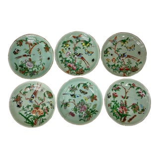 Set of Six Antique Chinese Famille Rose Hand Painted Celadon Plates For Sale