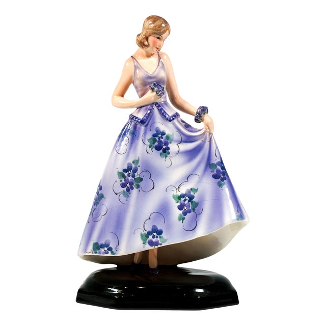 Art Deco Standing Girl with Flowers Figure by Stephan Dakon for Goldscheider, 1932 For Sale