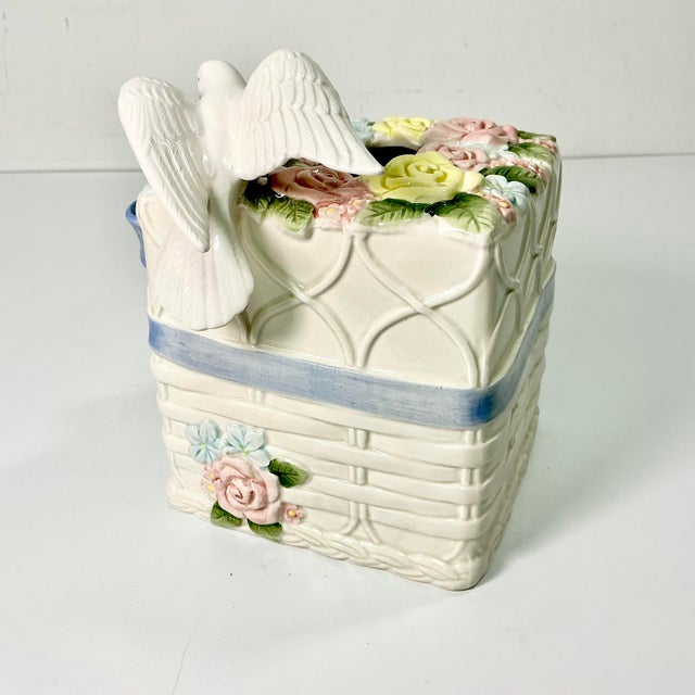 Cornflower Blue 1990 Vintage Chippendale Boho Chic Fitz & Floyd Trompe L’Oeil Dove Tissue Box Cover For Sale - Image 8 of 16