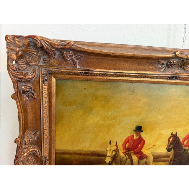 Green Large Vintage Oil Painting English Fox Hunt Horses Hounds Hunting Scene Signed For Sale - Image 8 of 12