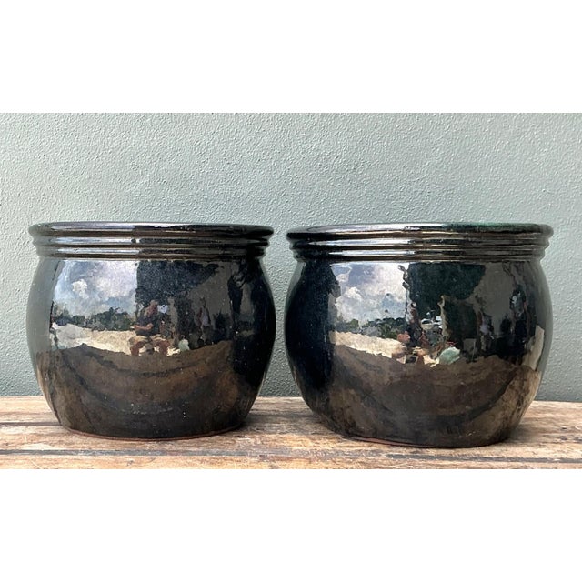 Vintage Ceramic Planters in Black Over Green Glaze - Set of 2 For Sale In West Palm - Image 6 of 17