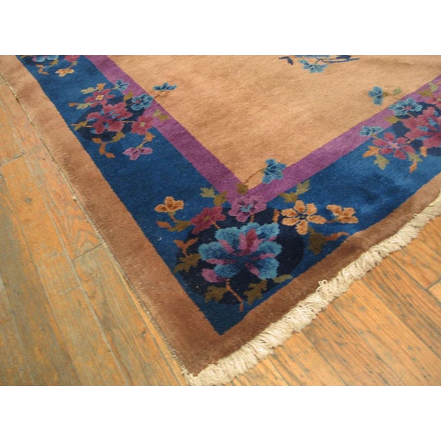 Early 20th Century 1920s Salmon Floral Medallion Antique Chinese Art Deco Rug 4' X 6'10" Handknotted Wool Carpet For Sale - Image 5 of 5