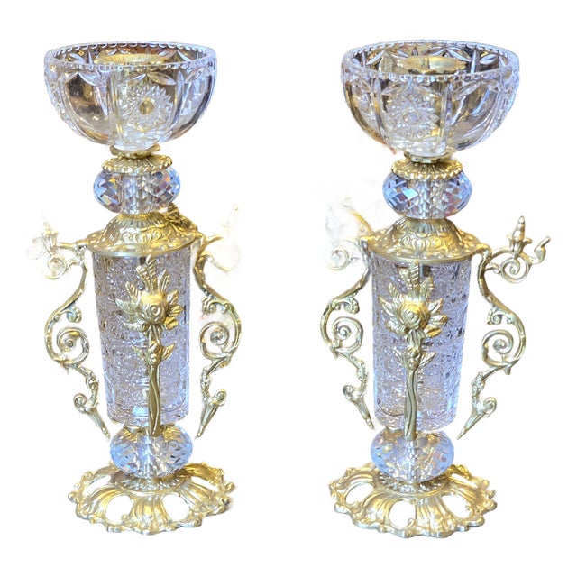 Decorative Brass and Crystal Candle Holder for Luxury Homes Set of 2 French Style For Sale