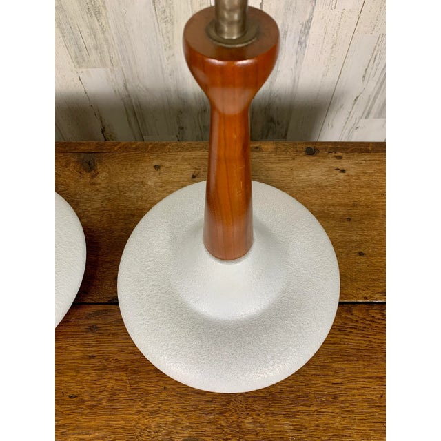 White Mid-Century Ceramic and Walnut Table Lamps For Sale - Image 8 of 11