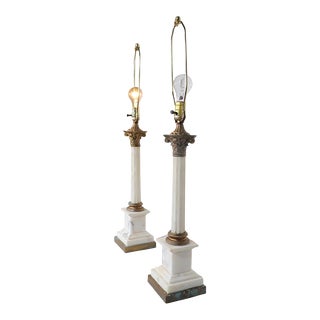 Pr. Columnar Form Marble Table Lamps in Chic Distressed Finish For Sale